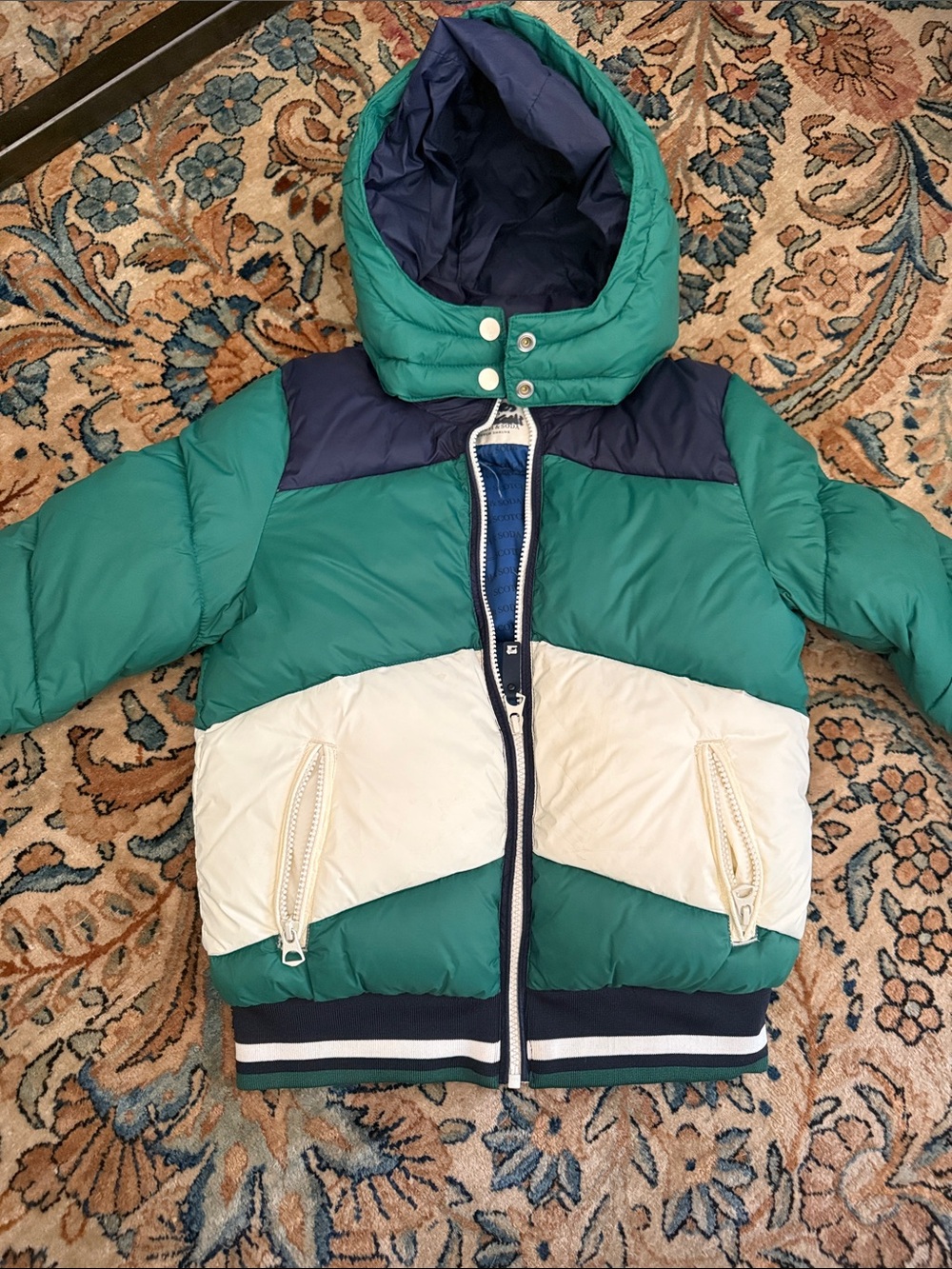 Scotch & Soda Green Navy and Cream Hoody Puffer Jacket Kids 8 removable hood 💚💙